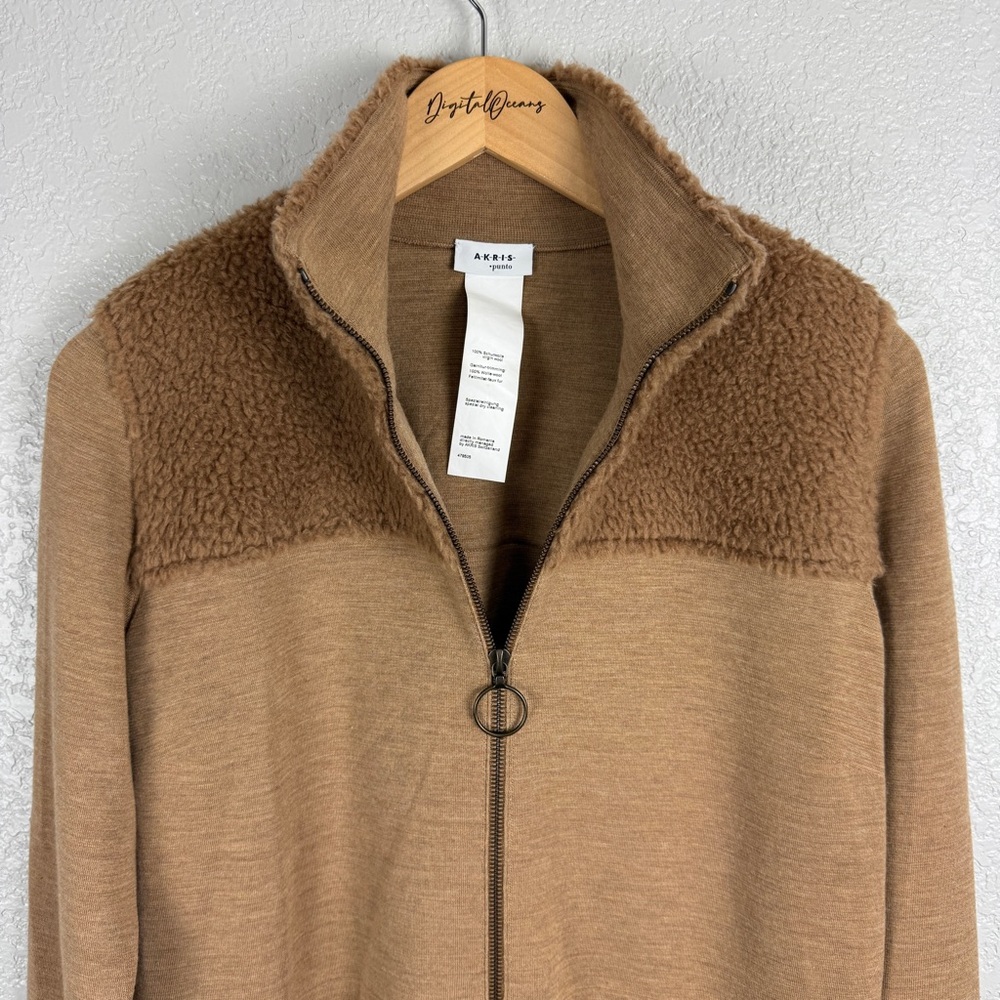Akris Punto 100% Wool Sherpa Knit Stand Collar Cardigan Camel US 10 Faux Fur Tan - Picture 3 of 13